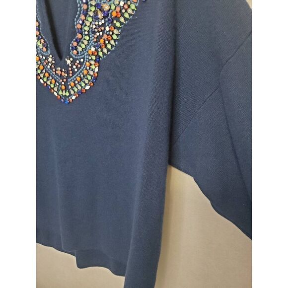 Anthropologie Moth Jeweled Embellished Split V Neck Navy Sweater Sz L - Picture 6 of 9